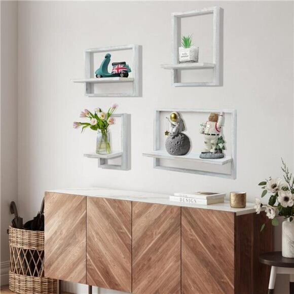 Floating Wall Shelves Set Square Wood Hanging Shelf Rustic Farmhouse Decor - Picture 2 of 7